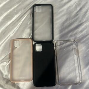 4, iphone 11 cases. Black and clear, pink and clear, clear, and black.